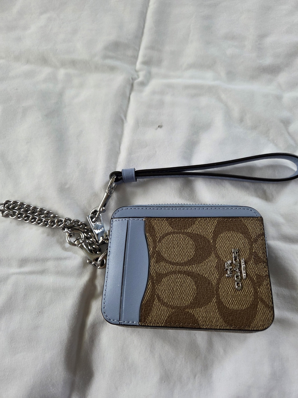 Like NEW,  Coach Signature Canvas Card Case with Light Blue Trim and Wrist Strap